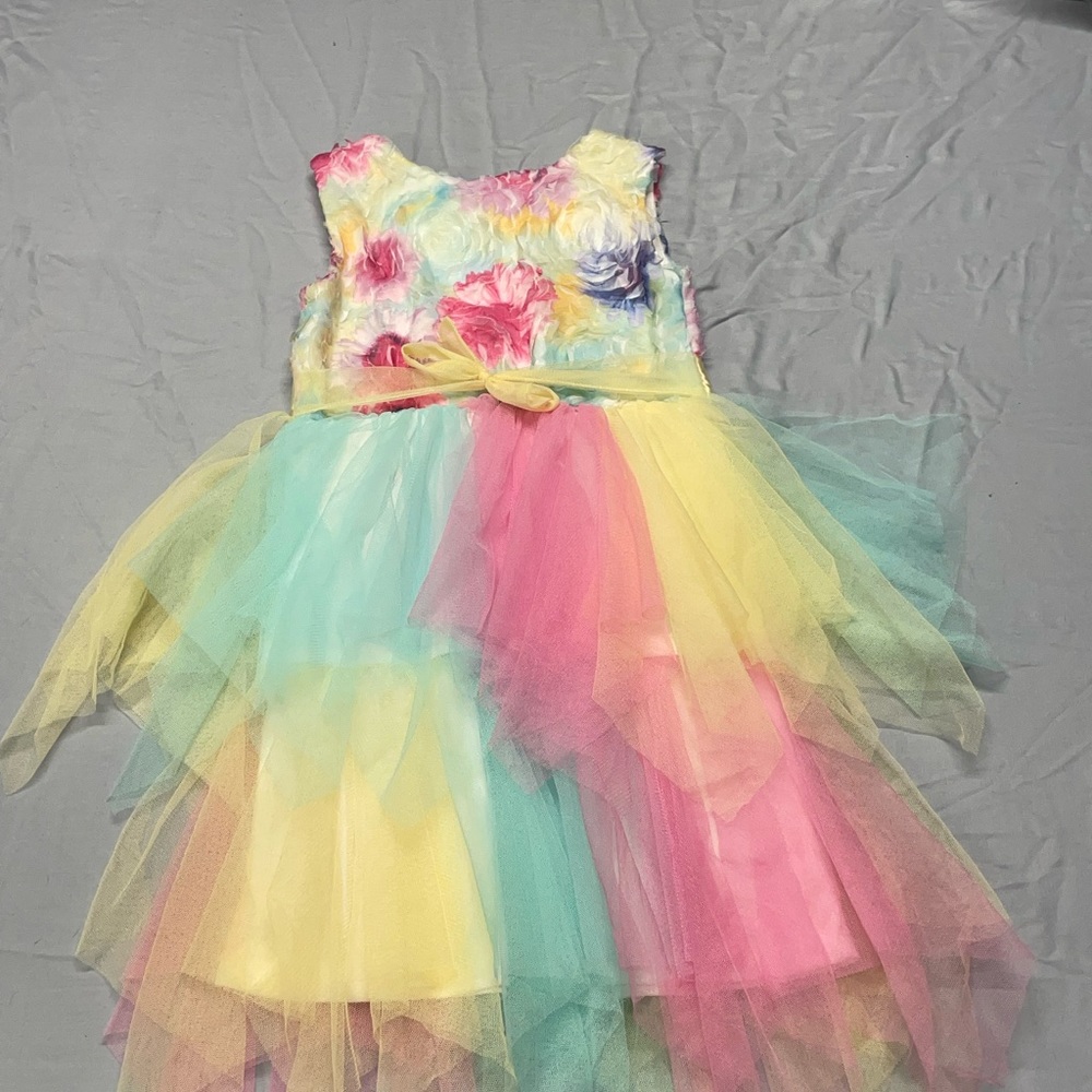 Jessica Ann Girls Tulle Sleeveless Flower Bow Dress Yellow Pink Green Size 6